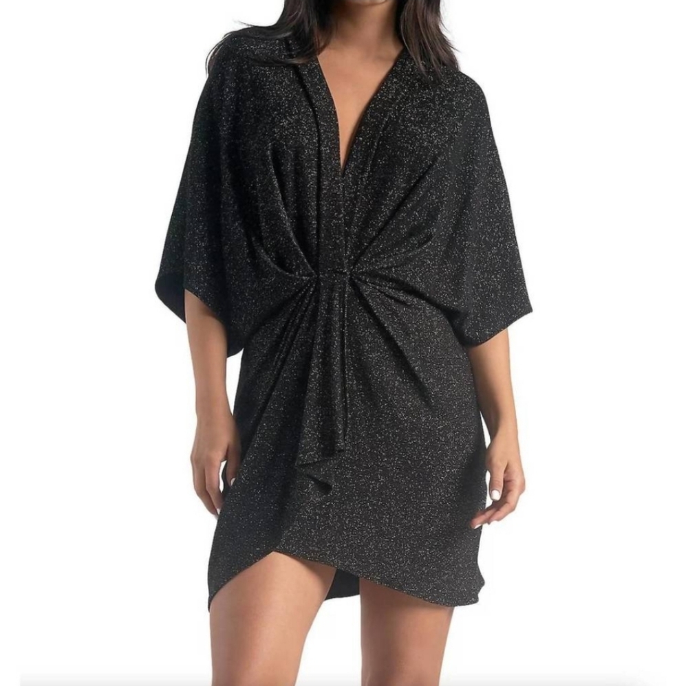 Elan Glitter Gathered Dolman Sleeve Mini Dress